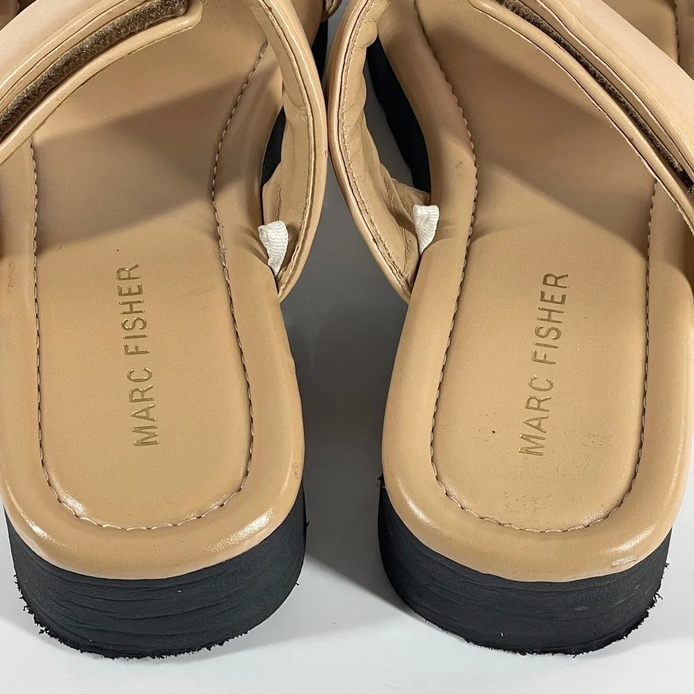 Sz 7.5 Marc Fisher Womens Tan Beige Double Strap Platform Slide Sandals Go to